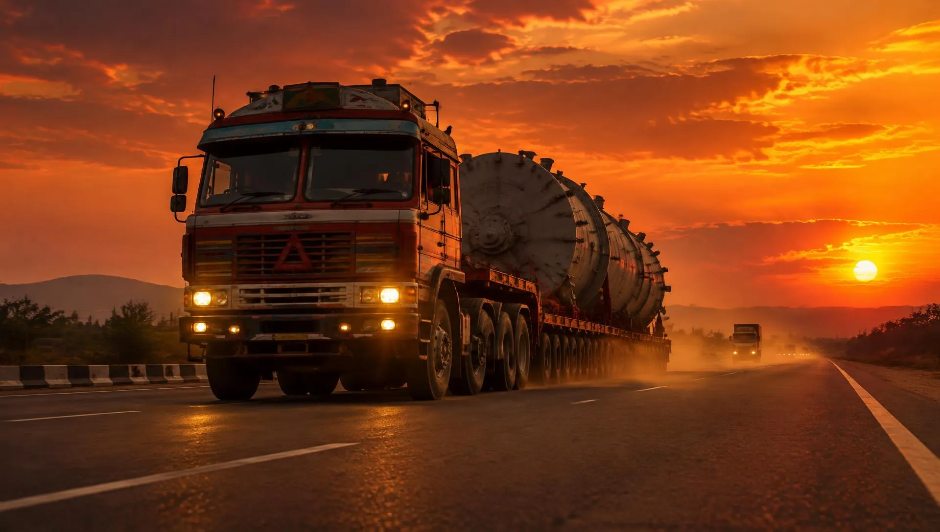GRC heavy-haul truck with oversize cargo driving on an Indian highway at dusk